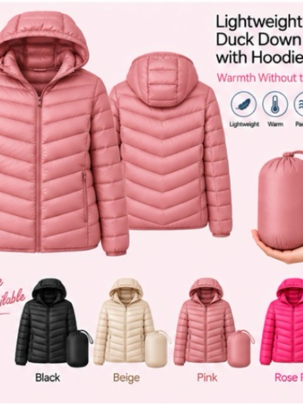 Women Lightweight Pocketable Pink Duck Down Hooded Jacket 2XL